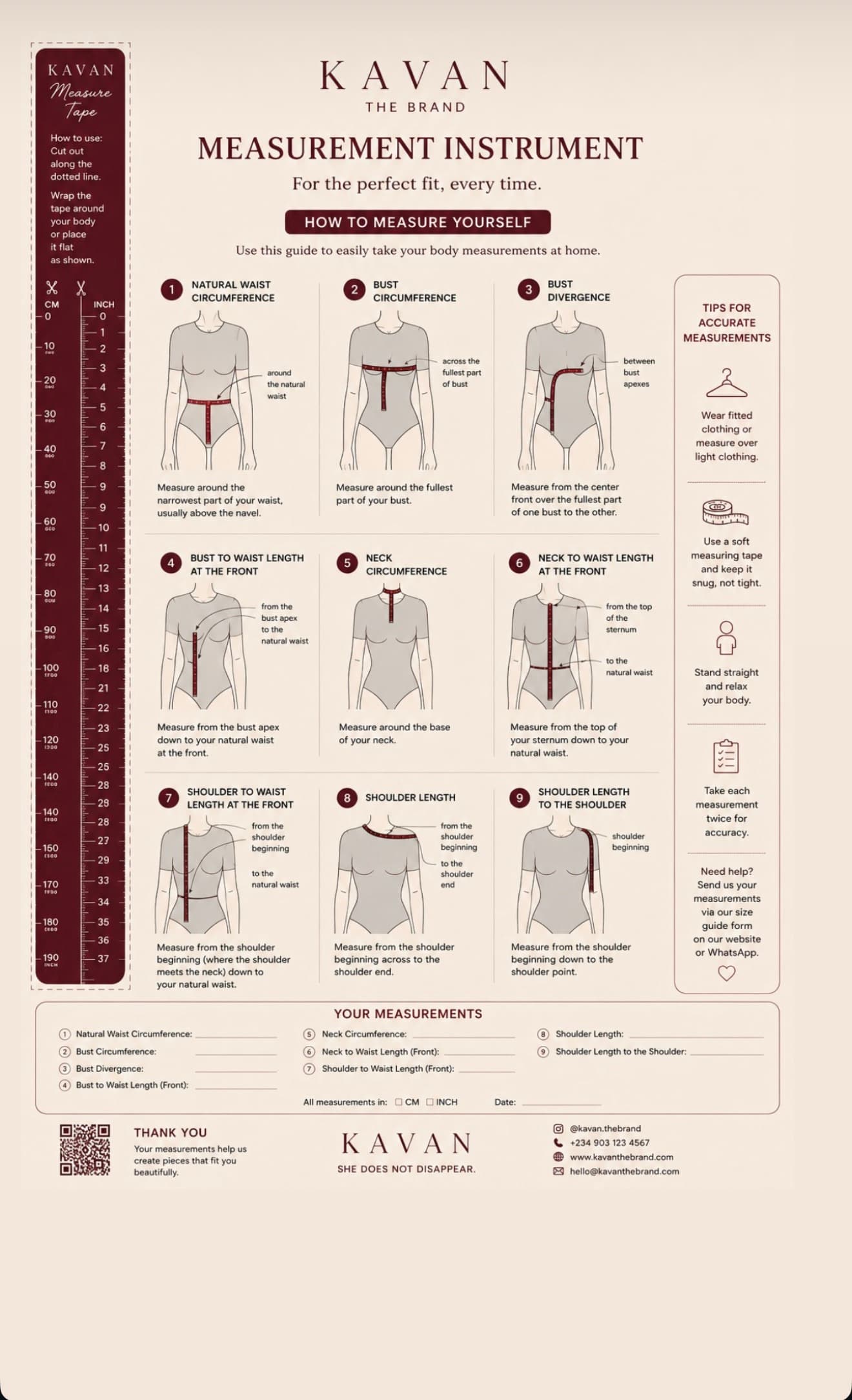 Kavan The Brand measurement instrument — illustrated guide showing how to measure natural waist, bust circumference, bust divergence, bust to waist length, neck circumference, neck to waist length, shoulder to waist length, shoulder length, and shoulder length to the shoulder.